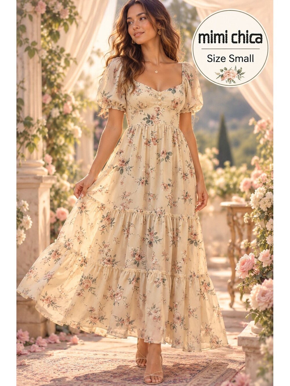 Mimi Chica | S | Cream Rose Print Puff Sleeve Tiered Midi Dress